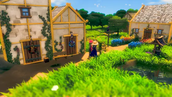 CottageCore sunlit village cottages, flower beds and well