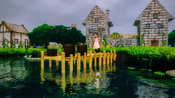 CottageCore villager on a lakeside dock during heavy rain
