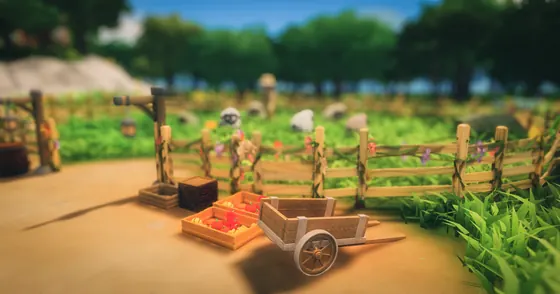 CottageCore handcart and produce crates beside a sheep pasture