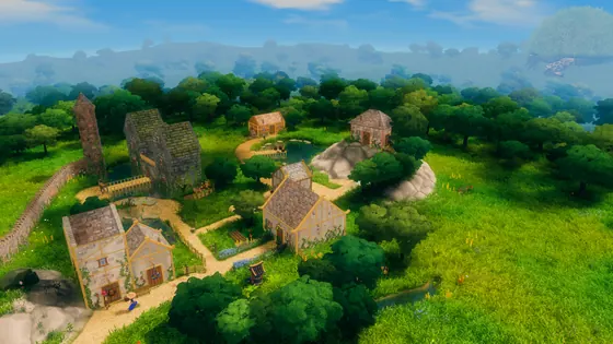 CottageCore village and surrounding meadow seen from above