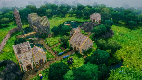 CottageCore village and forest seen from above in the rain