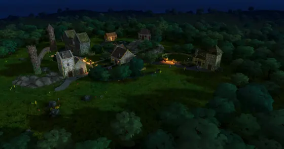 CottageCore settlement and glowing paths at night