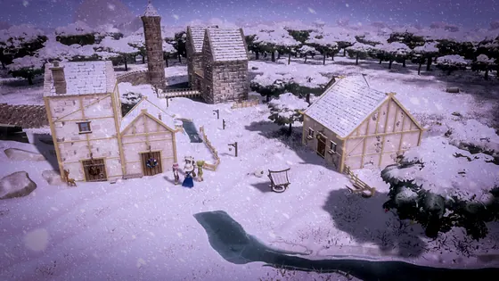 CottageCore snow-covered village during a winter storm