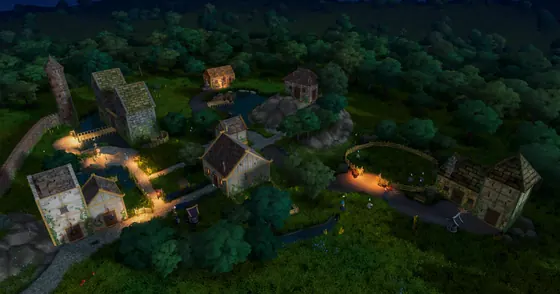 CottageCore village, lit pathways and sheep pasture at night