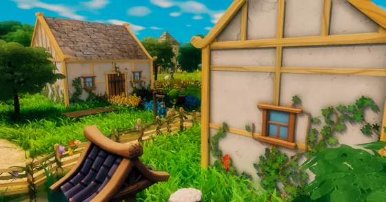 CottageCore cottage garden, well and villager among flower beds