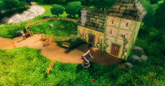 CottageCore green-trimmed farmhouse and sheep paddock