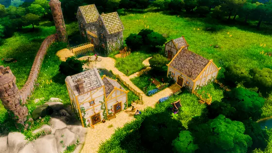 CottageCore sunny village and stone tower seen from above