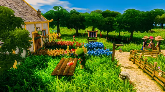 CottageCore villagers gathering beside a colorful flower garden